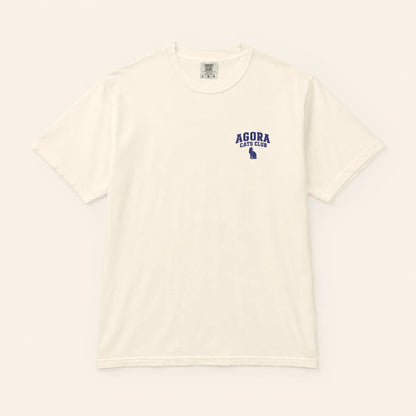 White t-shirt with 'Agora Cats Club' logo on a white background
