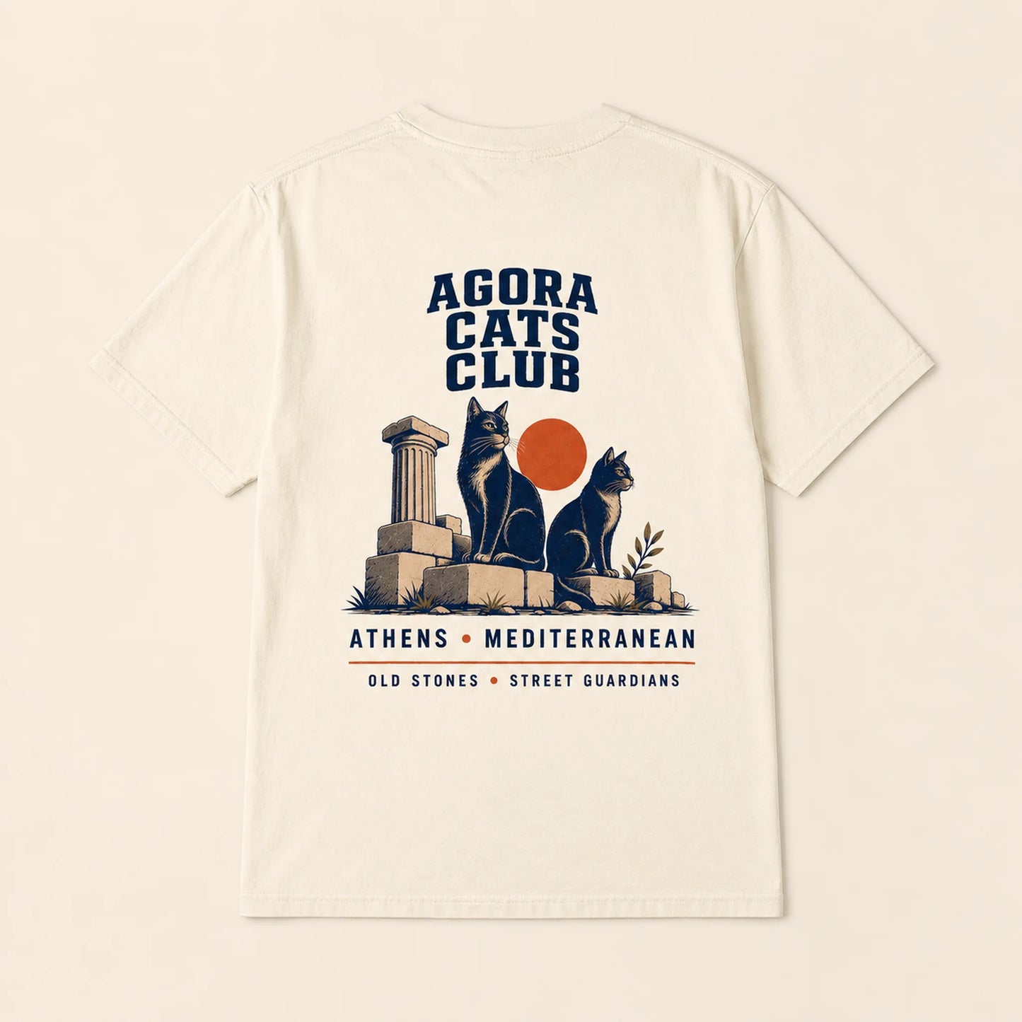 T-shirt with 'Agora Cats Club' design featuring cats and ancient columns on a beige background
