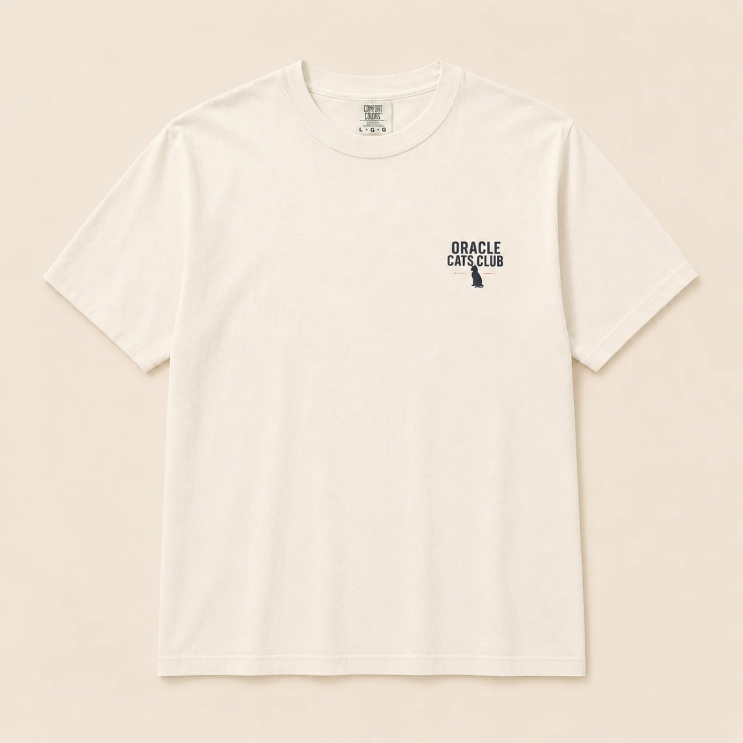White t-shirt with 'Oracle Cats Club' logo on a beige background