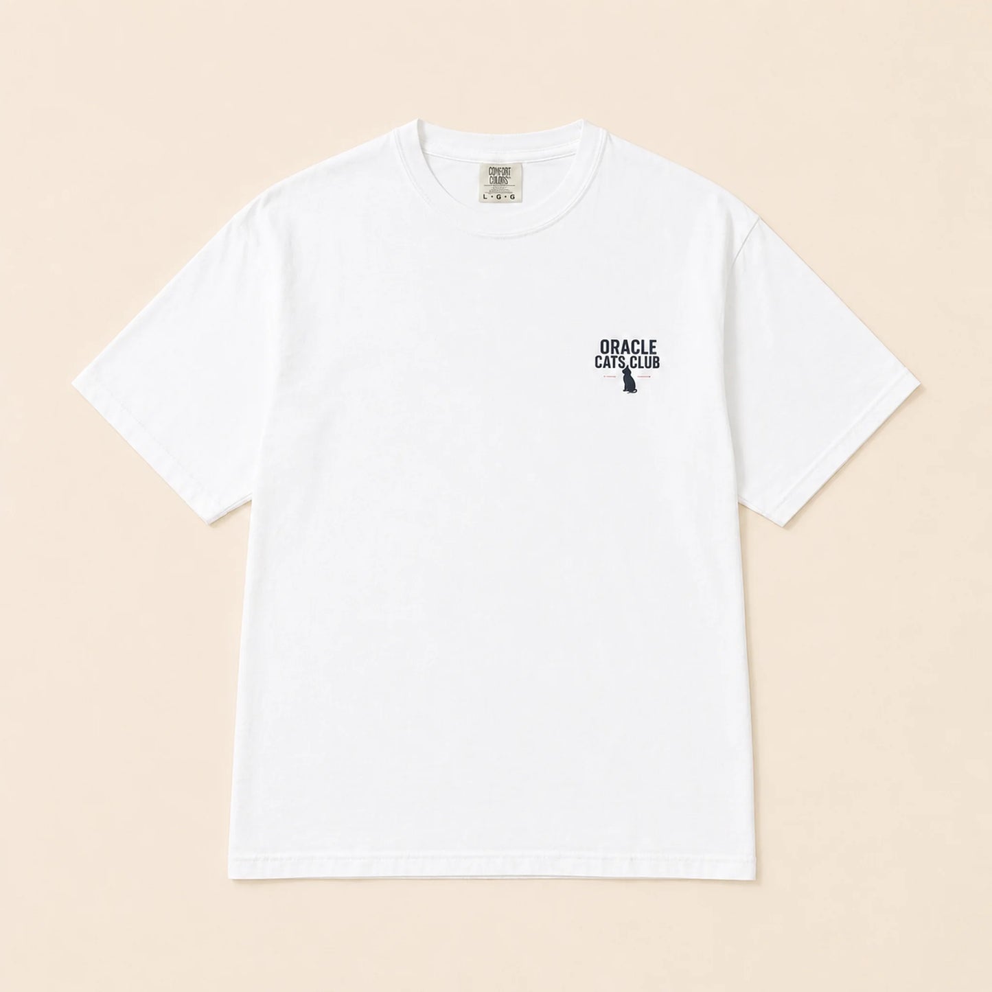 White t-shirt with 'Oracle Cats Club' logo on a beige background