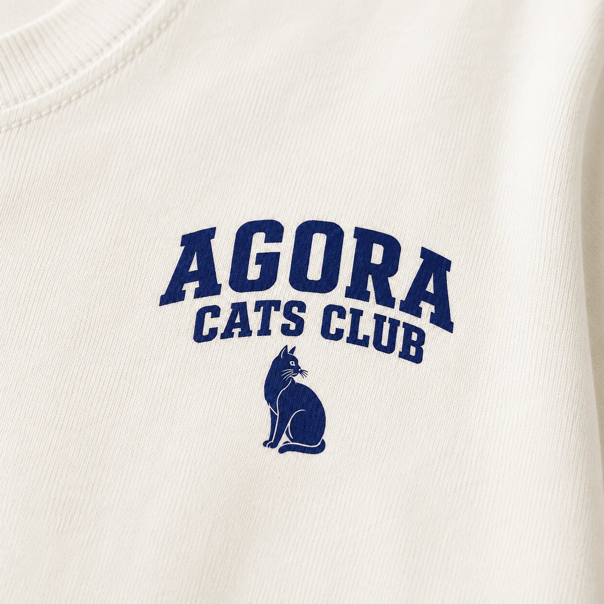 White sweatshirt with 'Agora Cats Club' text and cat logo in blue.