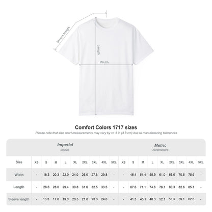 White t-shirt with size chart measurements on a white background