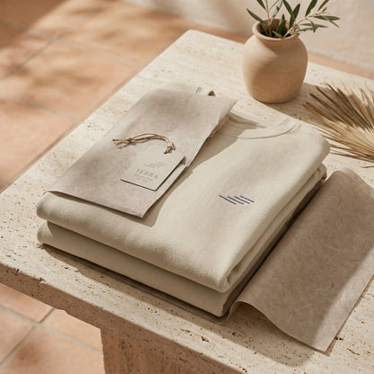 Beige folded fabric with a tag on a stone surface