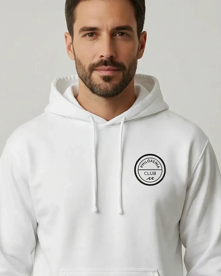 Philoxenia Club Hoodie, Greek Hospitality Design, Embroidered Text Hoodie, Minimal Logo Hoodie, ToldPrint Mediterranean gr...