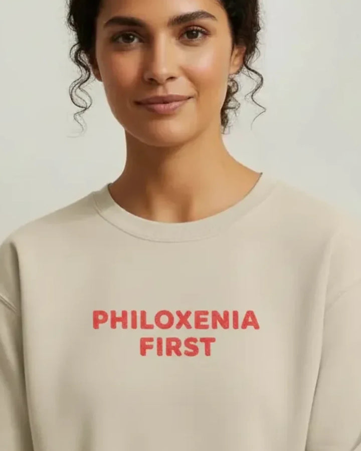 Philoxenia First Embroidered Sweatshirt, Greek Value Design, Minimal Text Crewneck, Unisex Sweatshirt, ToldPrint Mediterra...