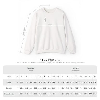 White sweatshirt with measurement chart on a white background