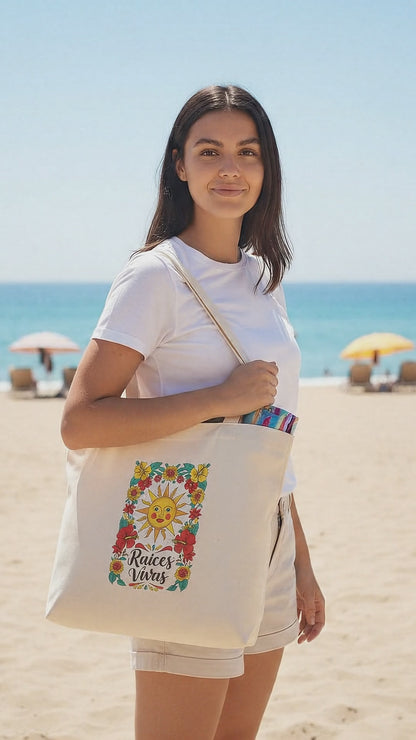 Raíces Vivas Vibrant Floral Sun Tote Bag – Eco-Friendly Shopping Bag, Colorful Festival & Beach Carryall
