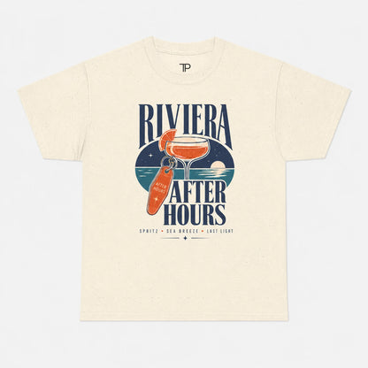 An off-white short-sleeve t-shirt with a vintage-style graphic on the front. The graphic features the text 'RIVIERA AFTER HOURS' in dark blue, with a cocktail glass and an orange bottle labeled 'ORANGE' set against a circular navy and teal background.