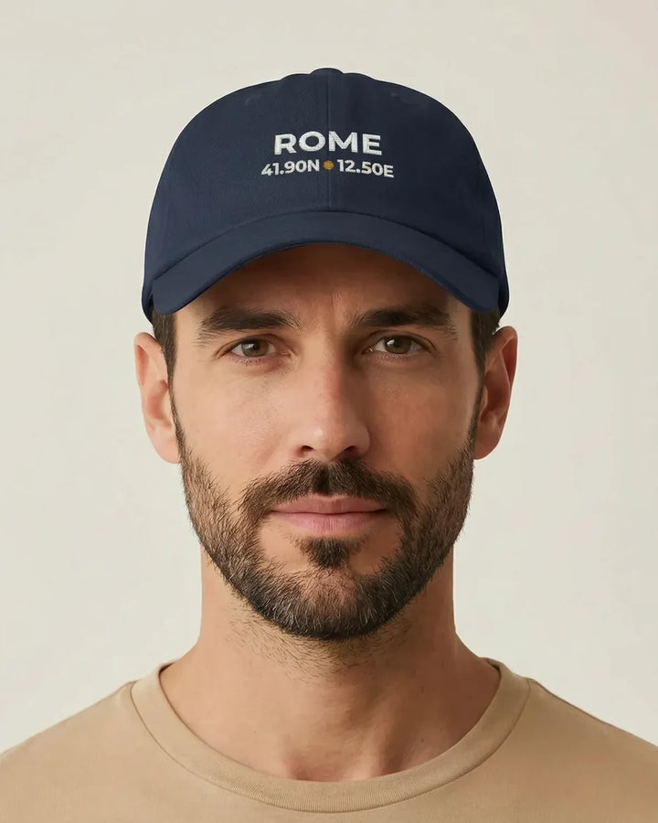 Rome Coordinates Dad Cap, Embroidered City Design Hat, Minimal Cotton Cap, Adjustable Unisex Hat, ToldPrint Mediterranean...