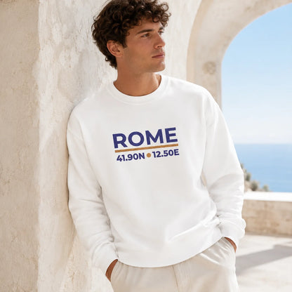 Male model wearing the White Rome Coordinates Embroidered Sweatshirt, showing the embroidered front design.