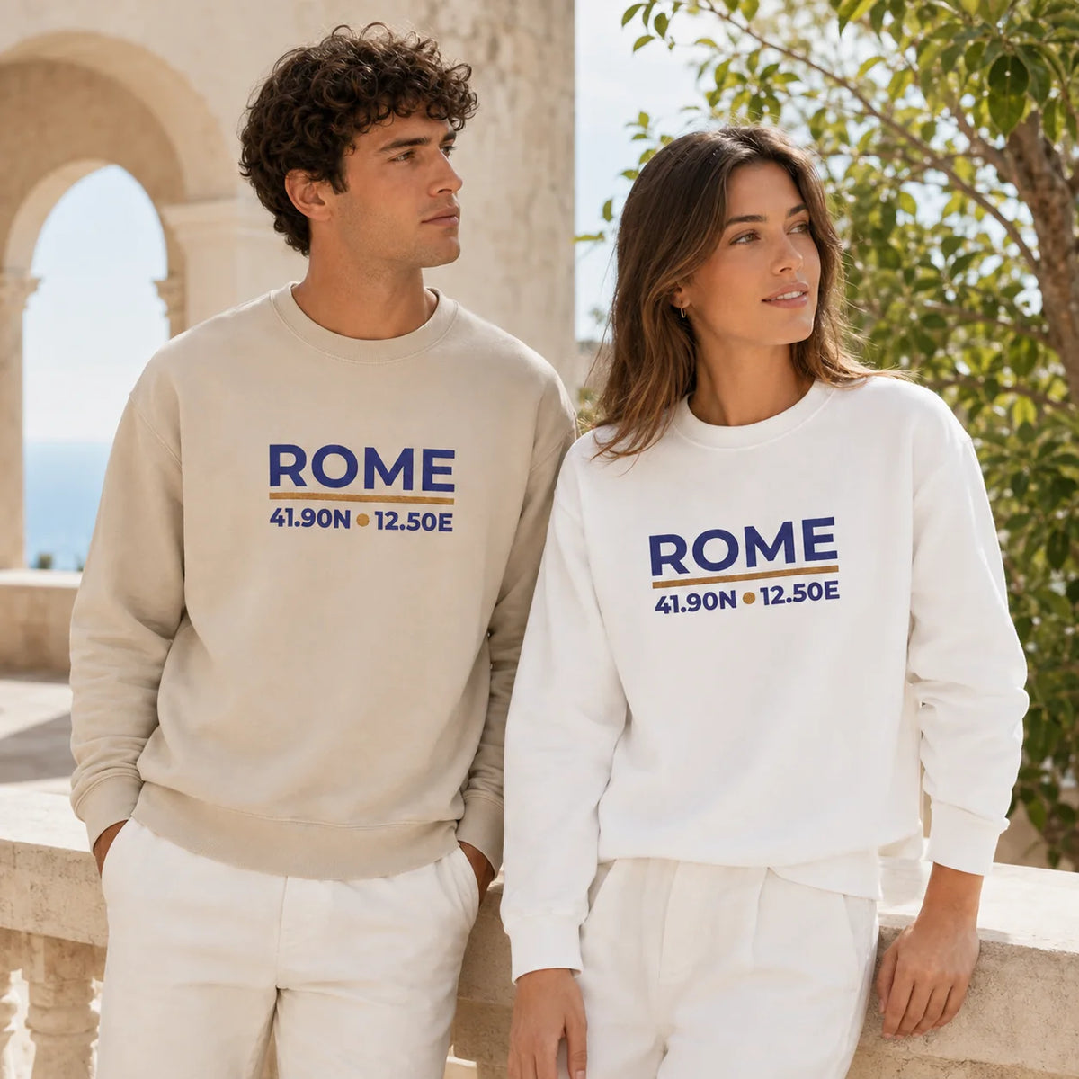 Models wearing Rome Coordinates Embroidered Sweatshirt colorways, showing the embroidered front design.