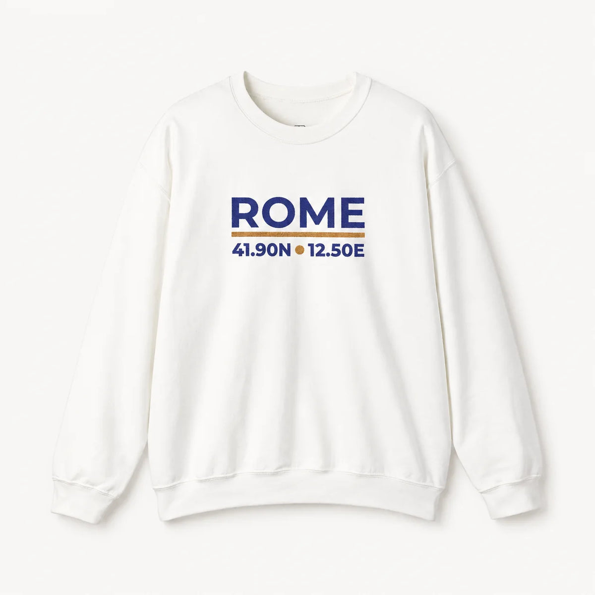 A white crewneck sweatshirt featuring a blue and orange embroidered design on the chest that reads 'ROME 41.90N 12.50E'.