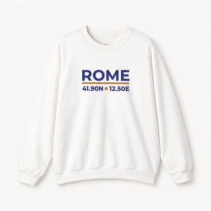 A white crewneck sweatshirt featuring a blue and orange embroidered design on the chest that reads 'ROME 41.90N 12.50E'.