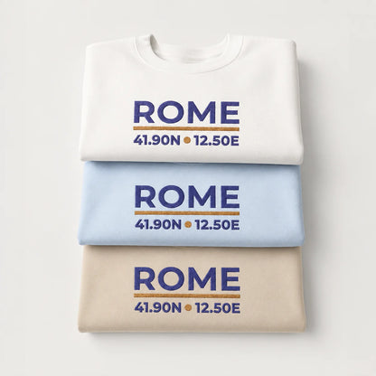 Rome Coordinates Light Edition color overview with folded Sand, Light Blue and White embroidered crewneck sweatshirts.