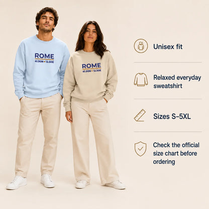Two models wearing Rome sweatshirts in light blue and beige, paired with beige trousers, standing against a light beige background with product feature callouts on the right.