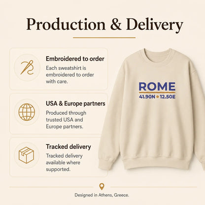 Rome Coordinates Embroidered Sweatshirt production and delivery guide with embroidered product imagery and fulfillment information.