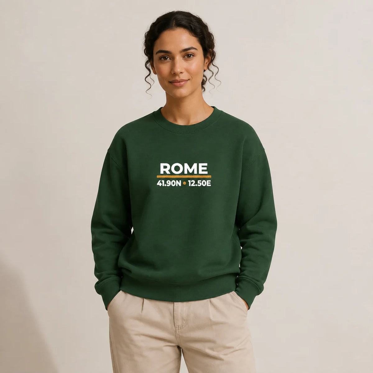 Female model wearing the Forest Green Rome Coordinates Night Embroidered Sweatshirt, showing the embroidered front design.