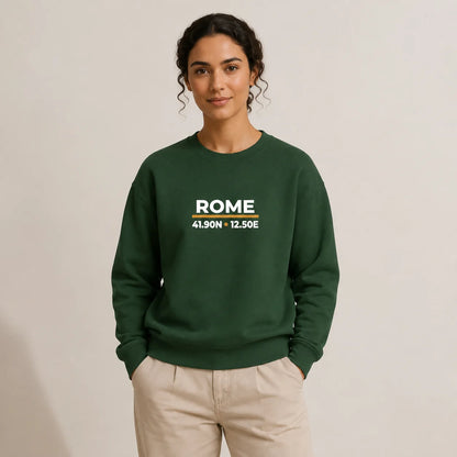 Female model wearing the Forest Green Rome Coordinates Night Embroidered Sweatshirt, showing the embroidered front design.