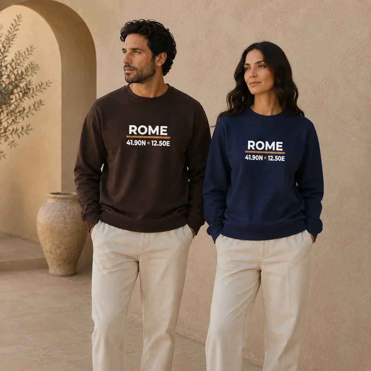 Models wearing Rome Coordinates Night Embroidered Sweatshirt colorways, showing the embroidered front design.