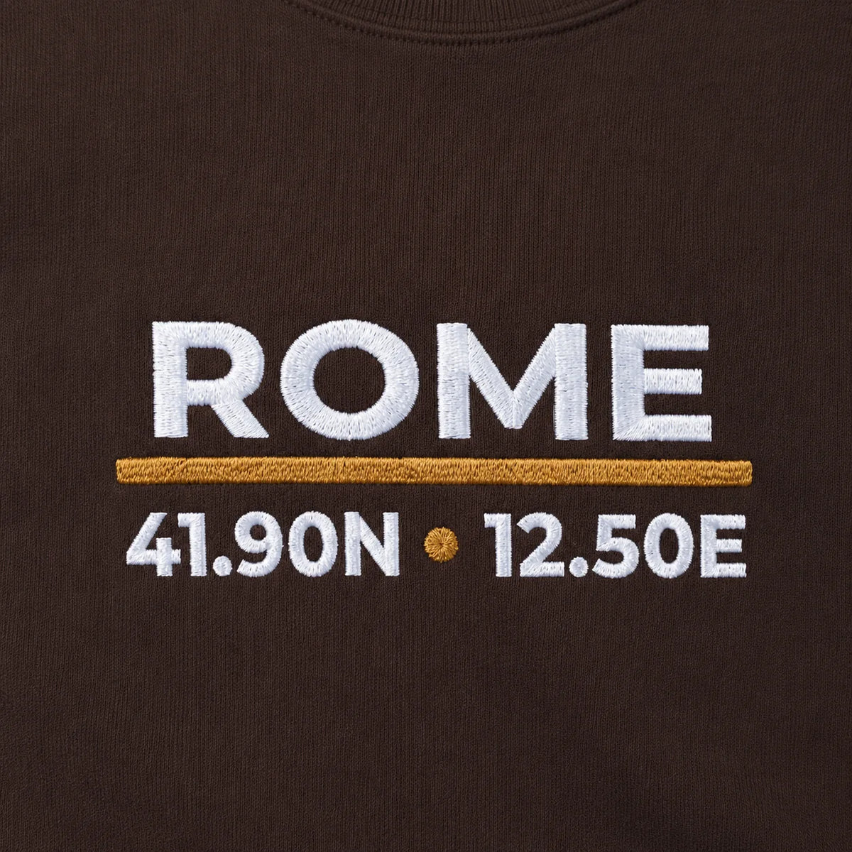 Close-up of the Dark Chocolate Rome Coordinates Night Embroidered Sweatshirt embroidery and stitch detail.