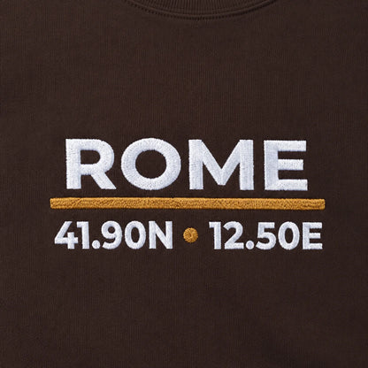 Close-up of the Dark Chocolate Rome Coordinates Night Embroidered Sweatshirt embroidery and stitch detail.