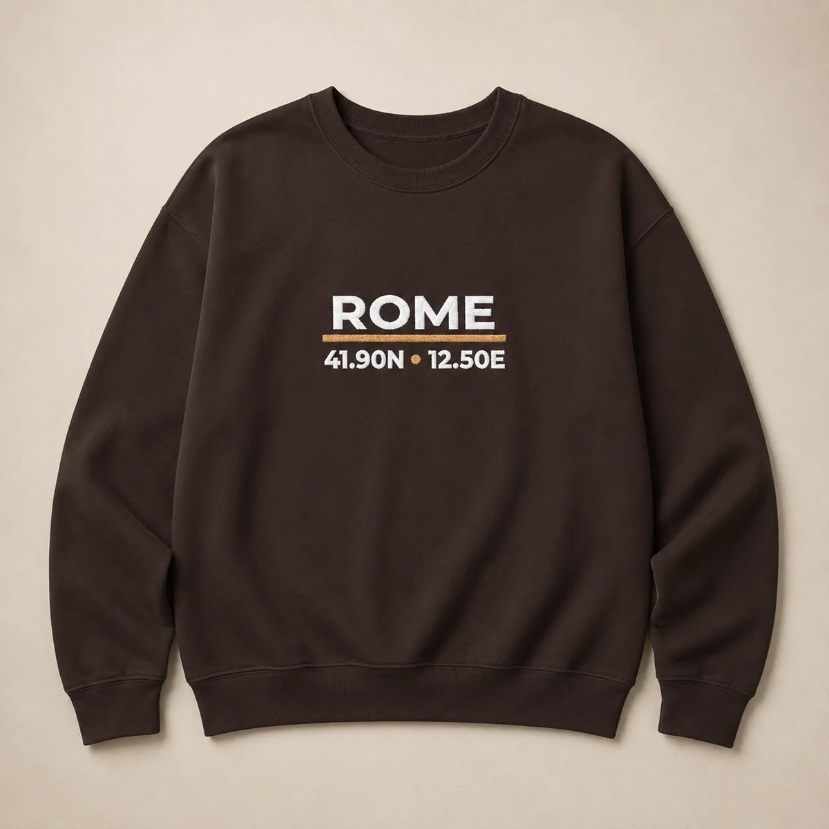 Dark Chocolate Rome Coordinates Night Embroidered Sweatshirt flat lay showing the front embroidered design.