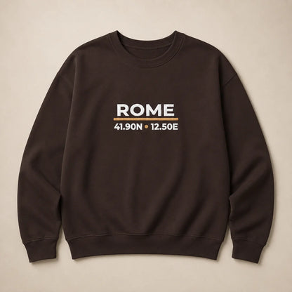 Dark Chocolate Rome Coordinates Night Embroidered Sweatshirt flat lay showing the front embroidered design.
