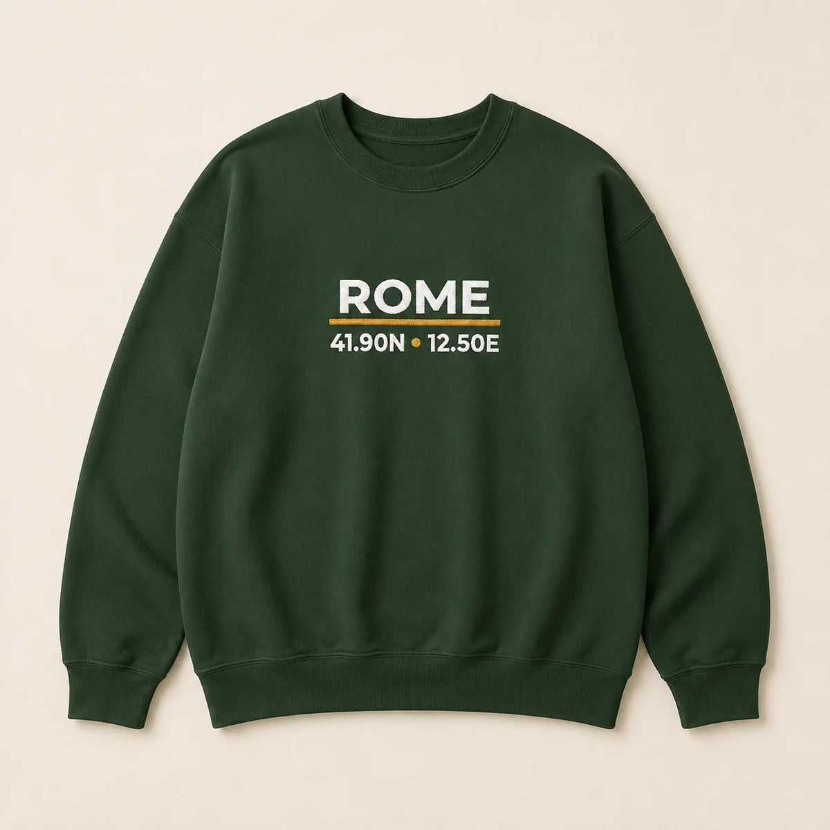 A dark green crewneck sweatshirt with 'ROME' and coordinates embroidered on the chest, displayed flat against a light beige background.