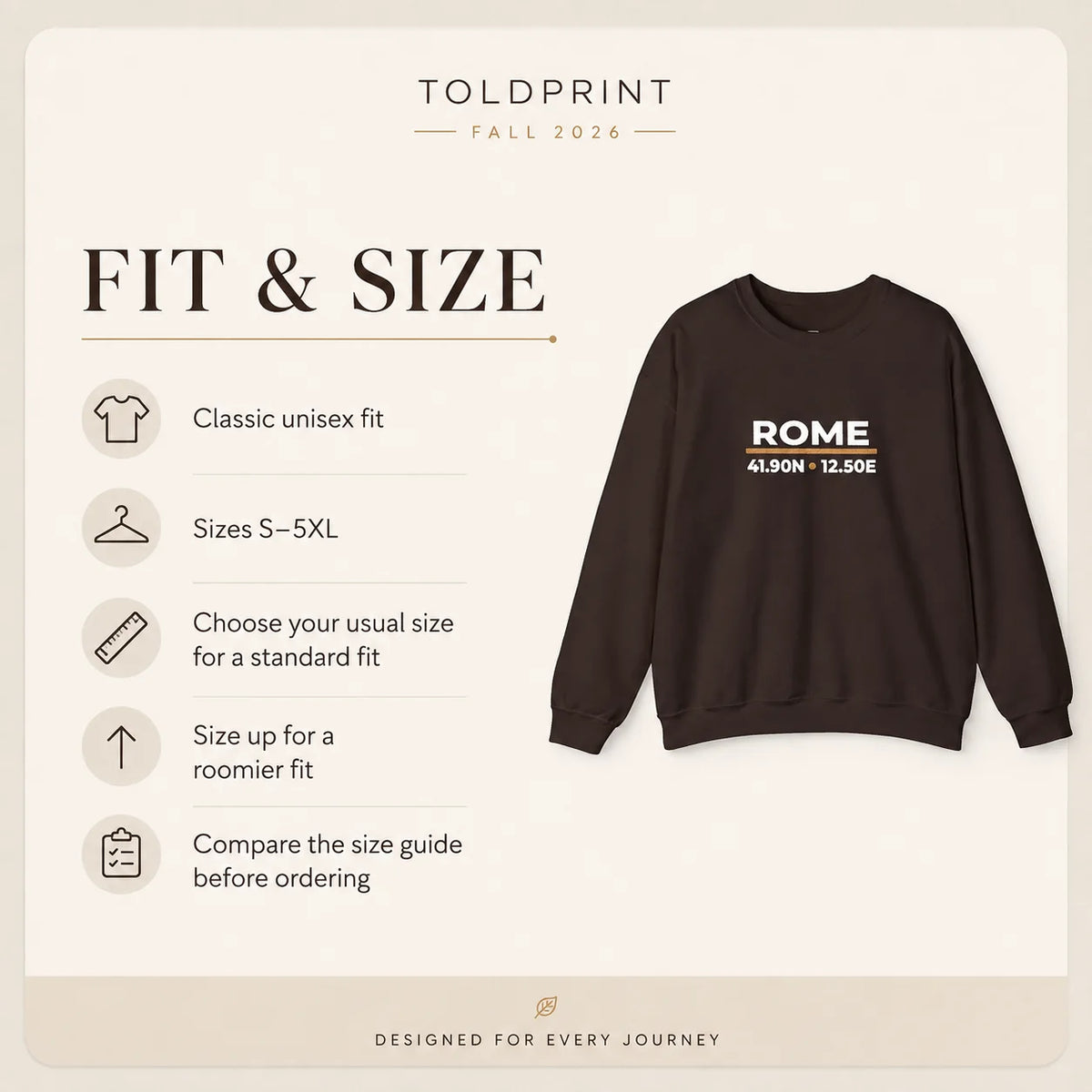 Rome Coordinates Night Embroidered Sweatshirt fit and size guide with embroidered product imagery and sizing information.