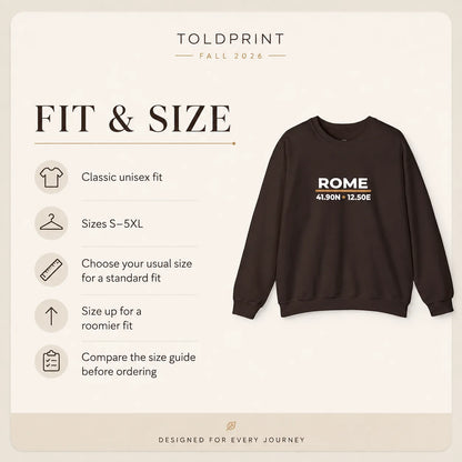 Rome Coordinates Night Embroidered Sweatshirt fit and size guide with embroidered product imagery and sizing information.