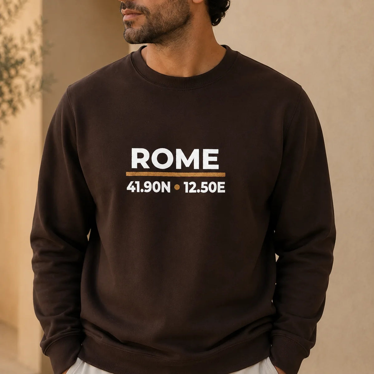 Close-up on model of the Dark Chocolate Rome Coordinates Night Embroidered Sweatshirt, showing the embroidered front design.