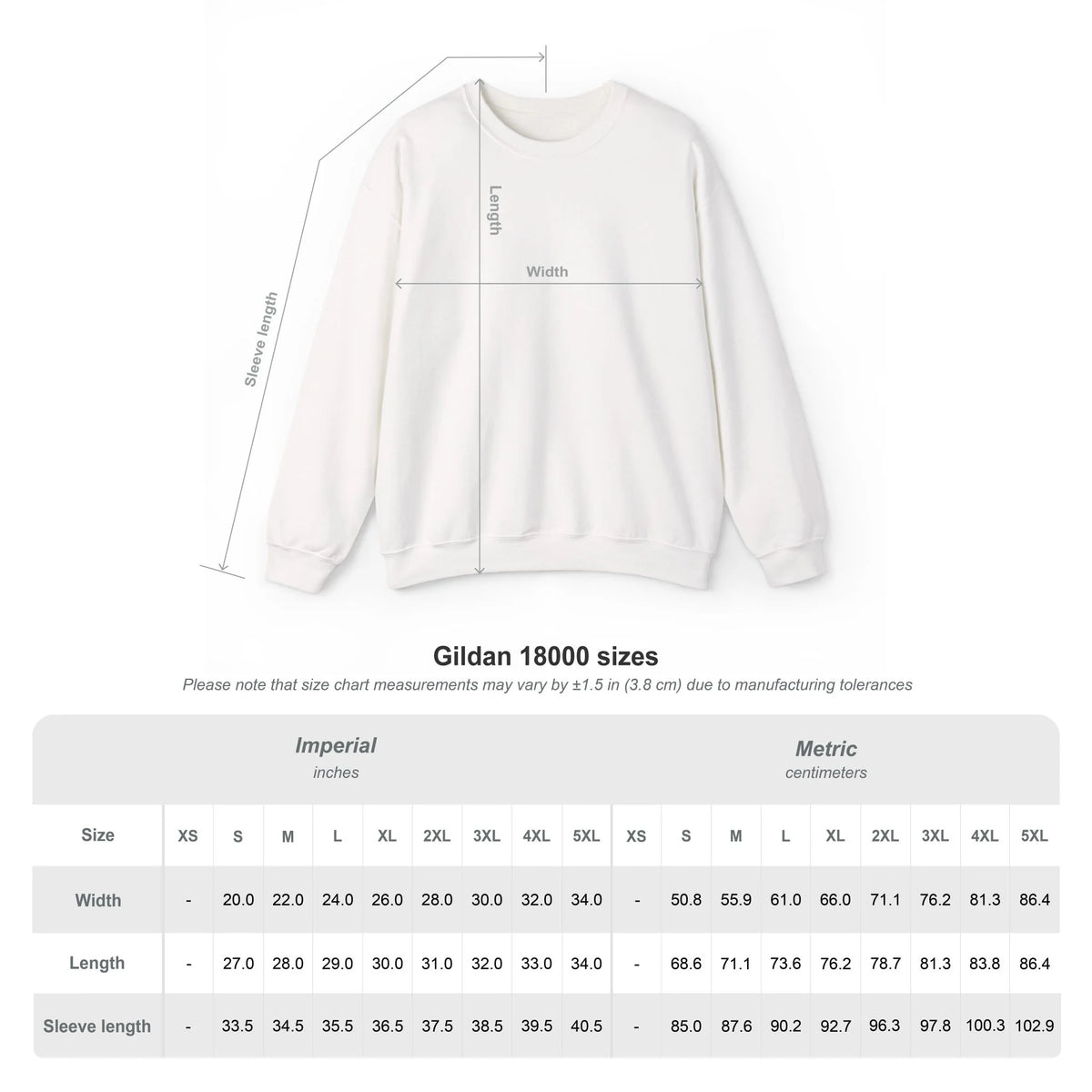A size chart and measurement diagram for a white crewneck sweatshirt, labeled 'Gildan 18000 sizes,' with width, length, and sleeve length measurements shown on a garment outline above a size table in imperial and metric columns.