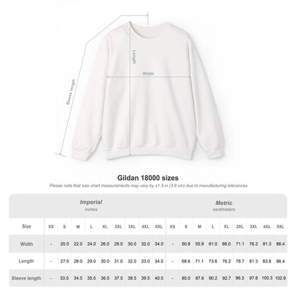 A size chart and measurement diagram for a white crewneck sweatshirt, labeled 'Gildan 18000 sizes,' with width, length, and sleeve length measurements shown on a garment outline above a size table in imperial and metric columns.