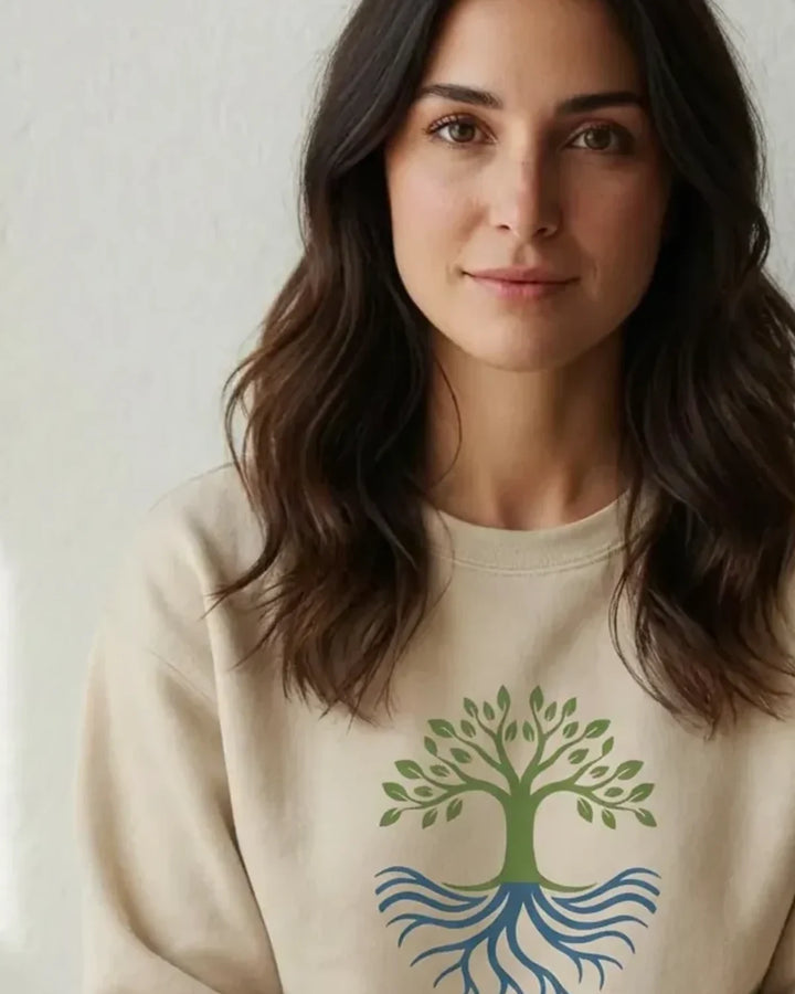 Roots Across Waves Sweatshirt, Tree Symbol Design, Minimal Cultural Crewneck, Unisex Sweatshirt, ToldPrint Mediterranean g...