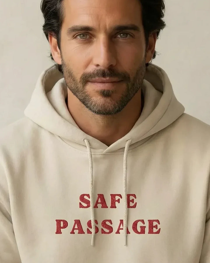 Safe Passage Hoodie, Minimal Text Design, Human Values Apparel, Unisex Hooded Sweatshirt, ToldPrint Mediterranean graphic...