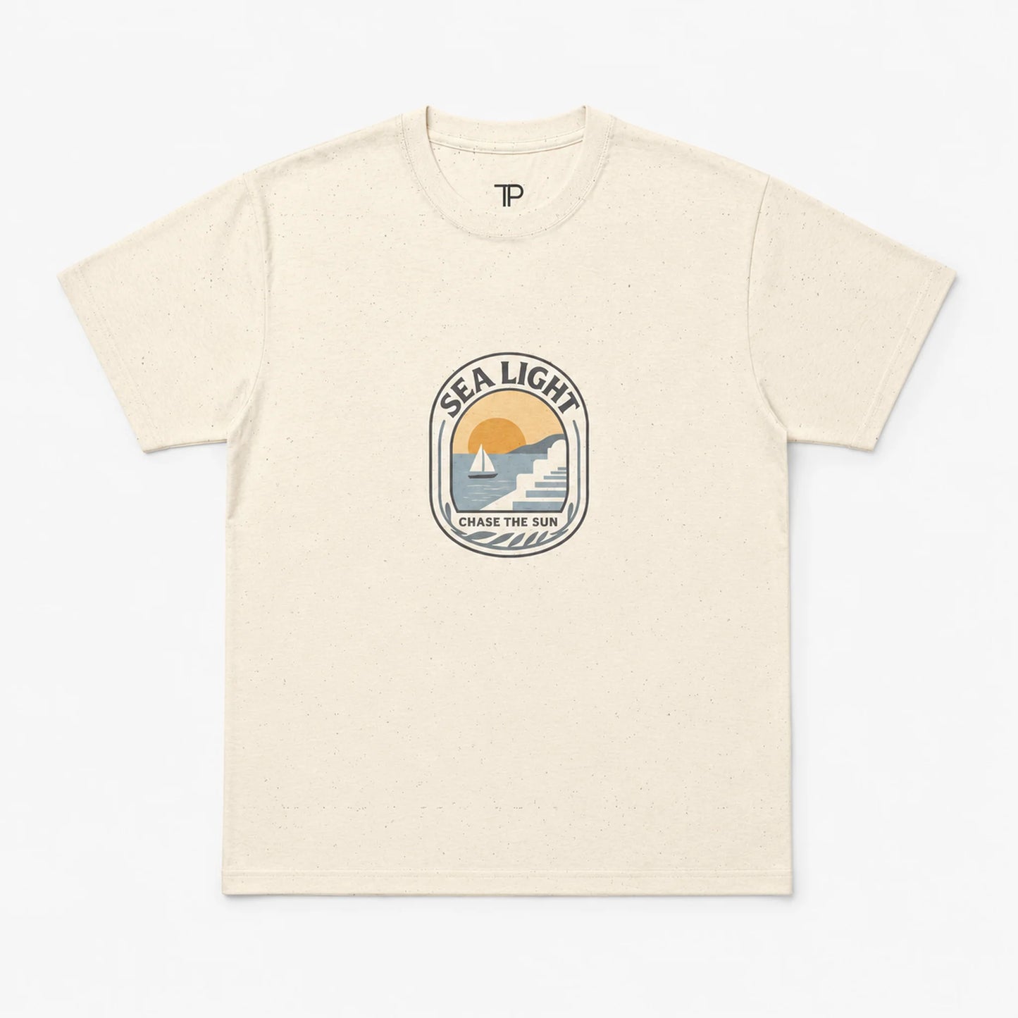 Beige t-shirt with a graphic design on a white background