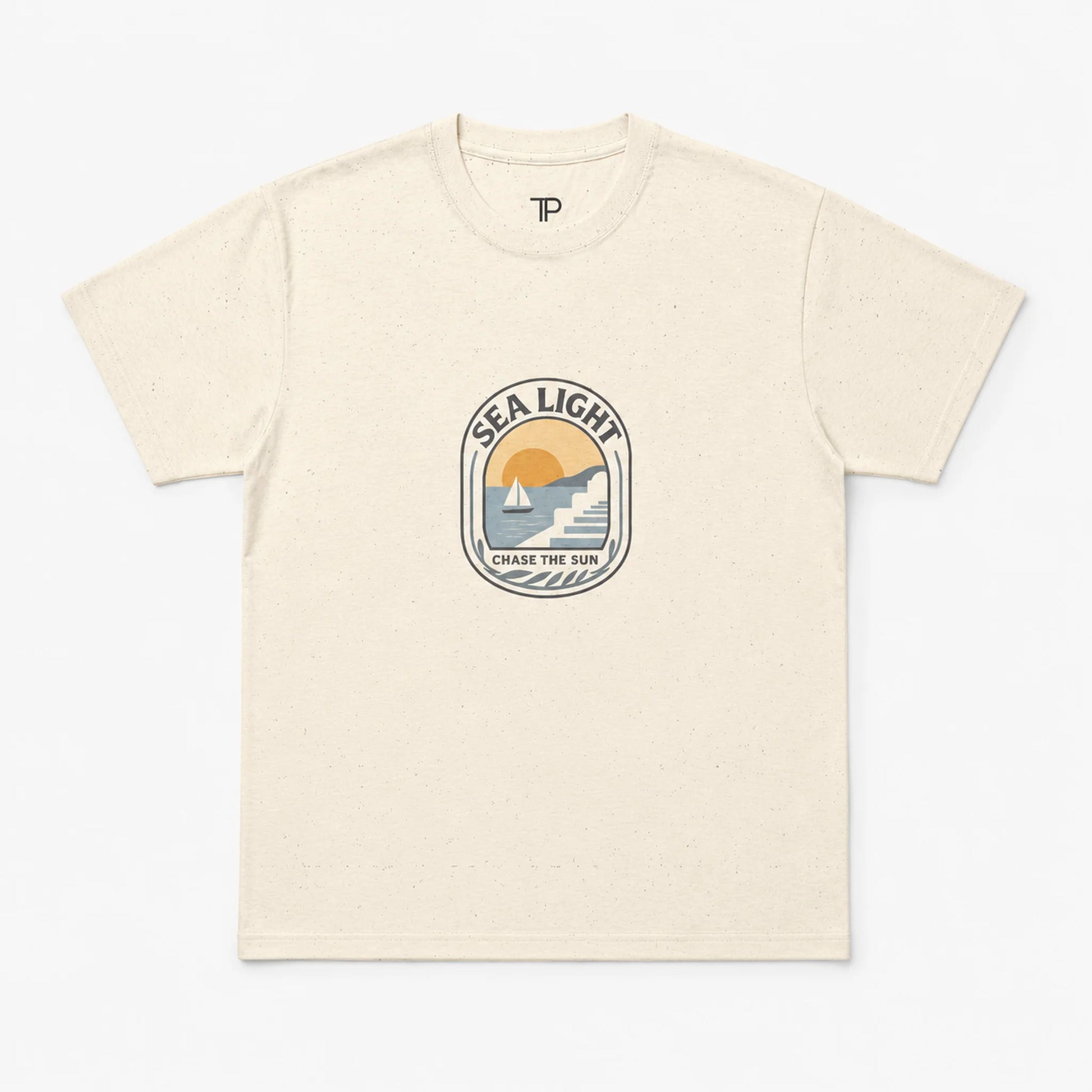 Beige t-shirt with a graphic design on a white background