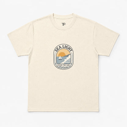 Beige t-shirt with a graphic design on a white background