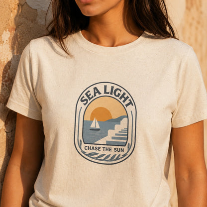 TP HERO: Person wearing a t-shirt with 'Sea Light' graphic design against a stone wall.