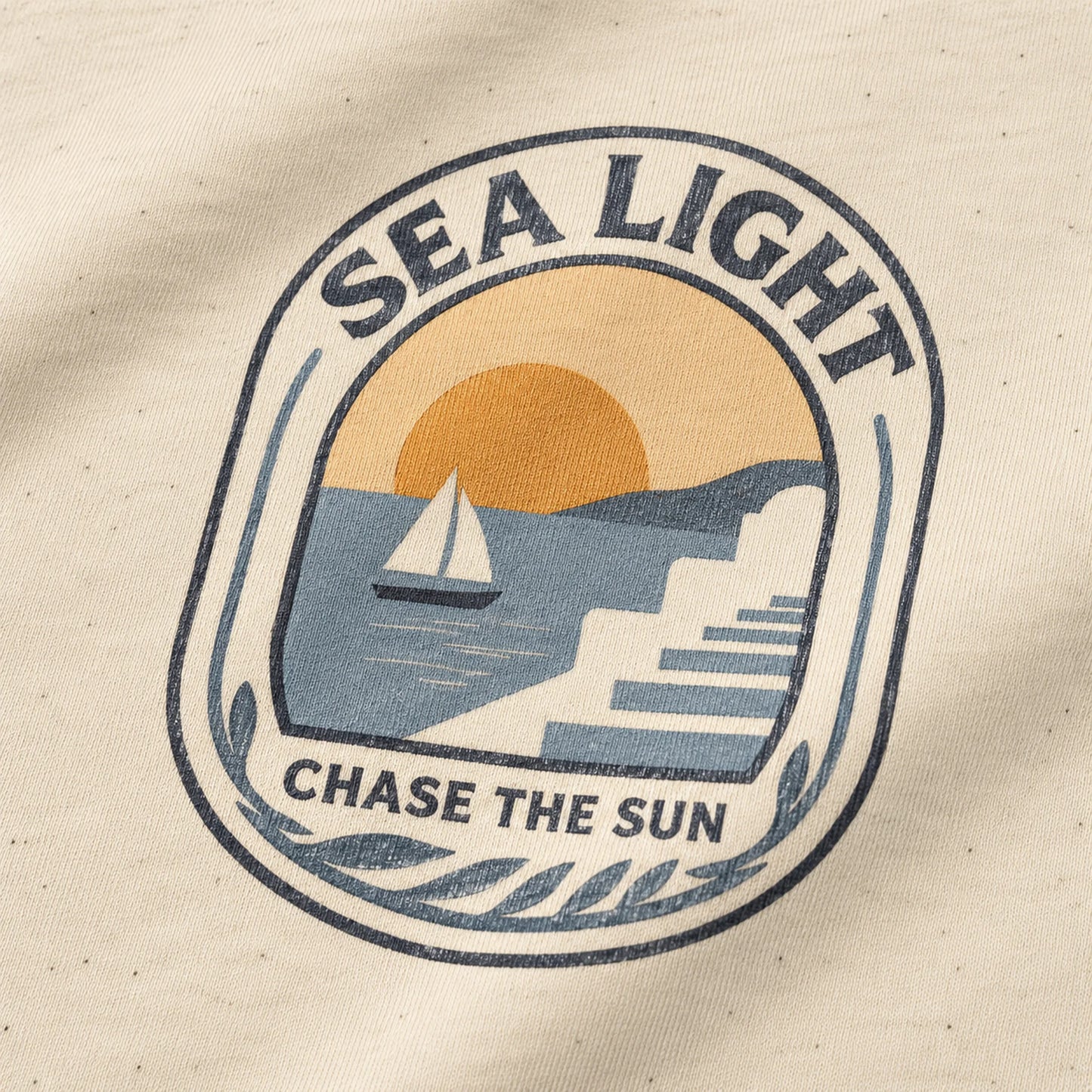 Logo with 'Sea Light' text and a sunset over water design on a beige background