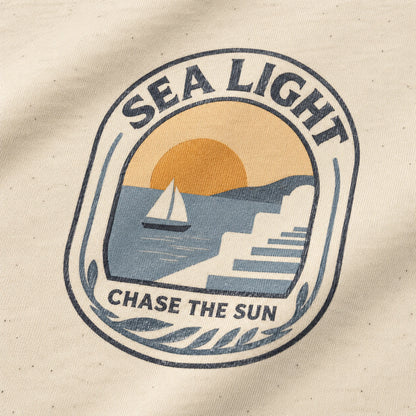 Logo with 'Sea Light' text and a sunset over water design on a beige background