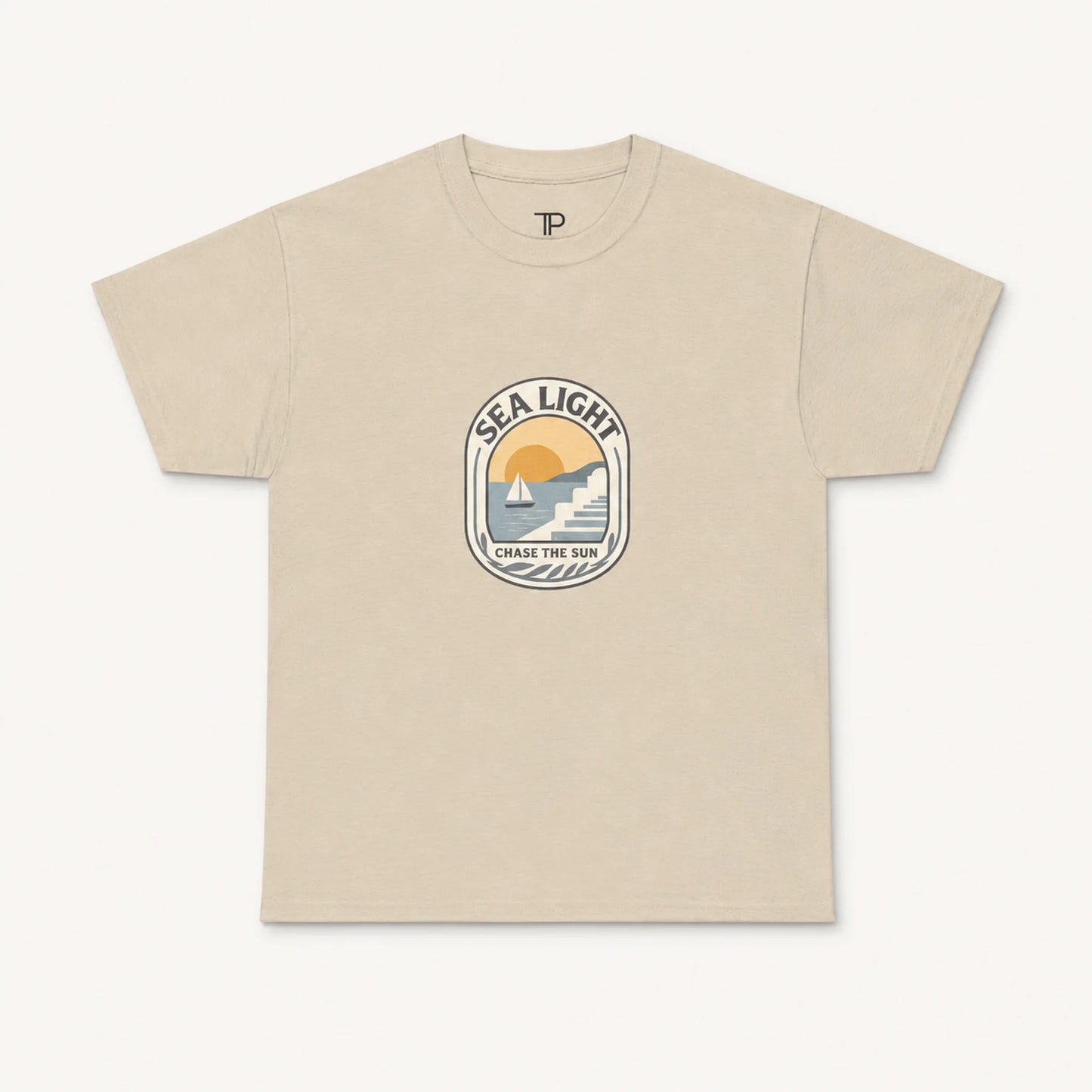 Beige t-shirt with a graphic design on a white background