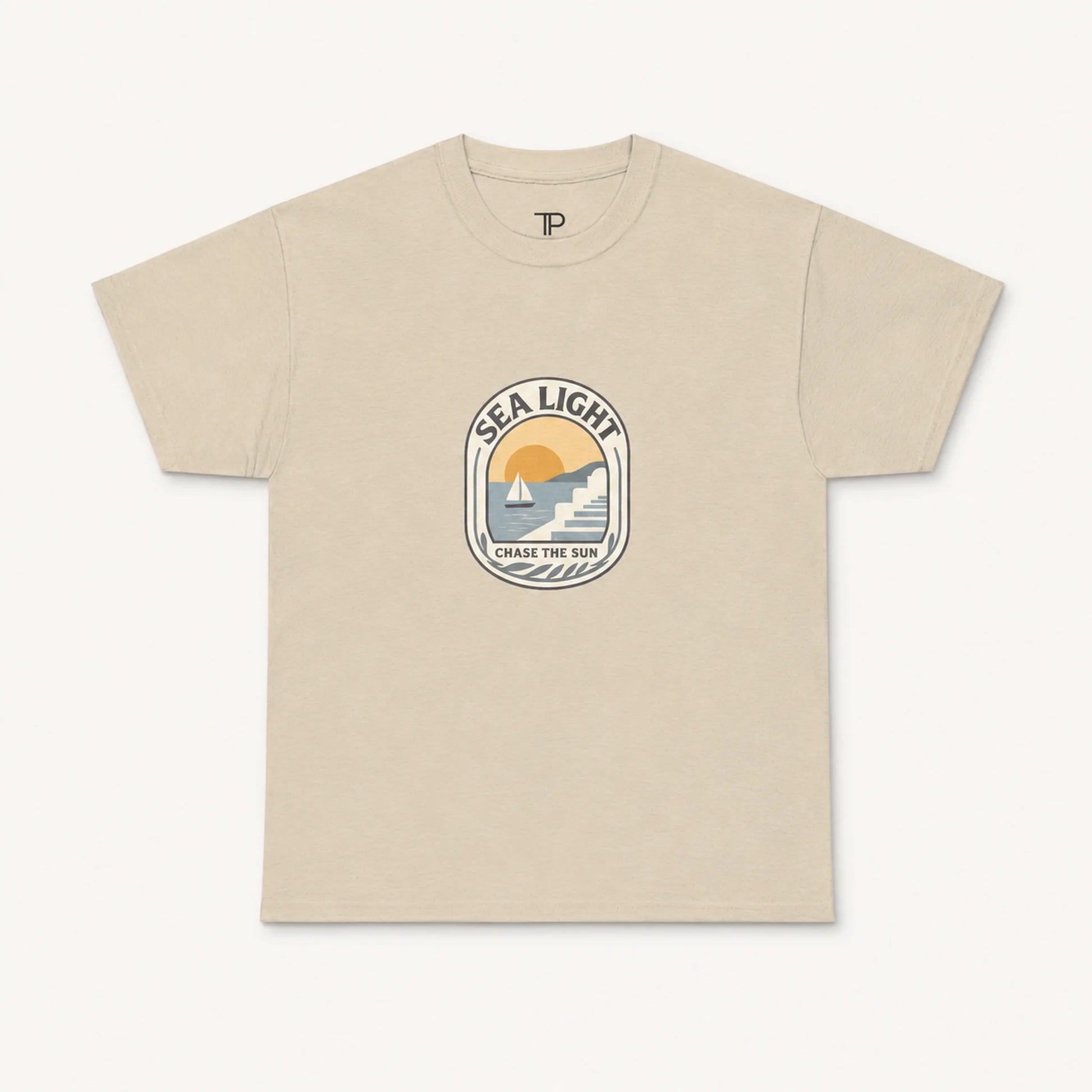 Beige t-shirt with a graphic design on a white background