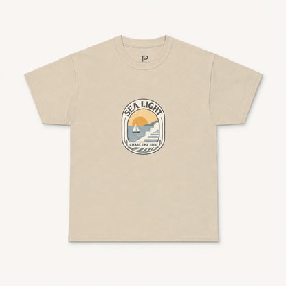Beige t-shirt with a graphic design on a white background