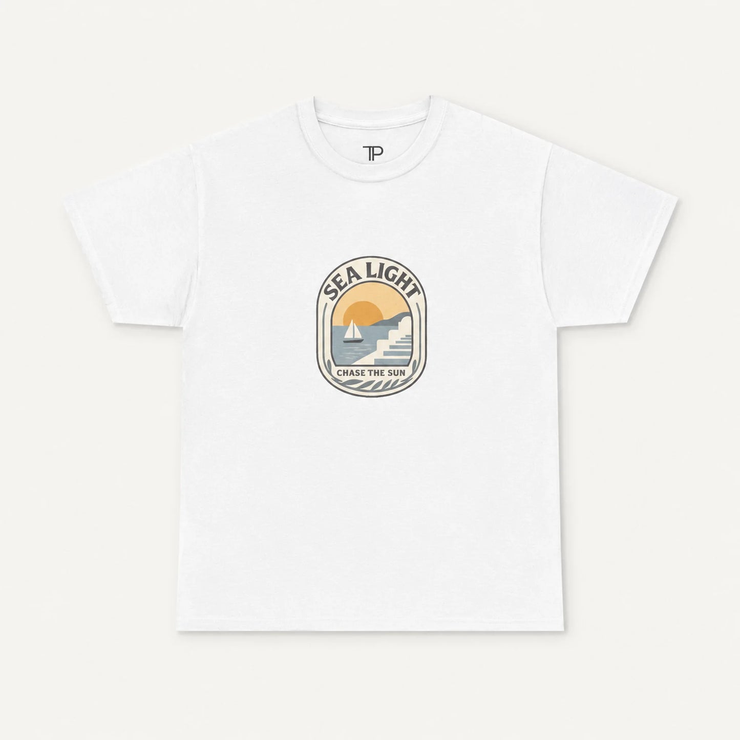 White t-shirt with a 'Sea Light' graphic design on a white background