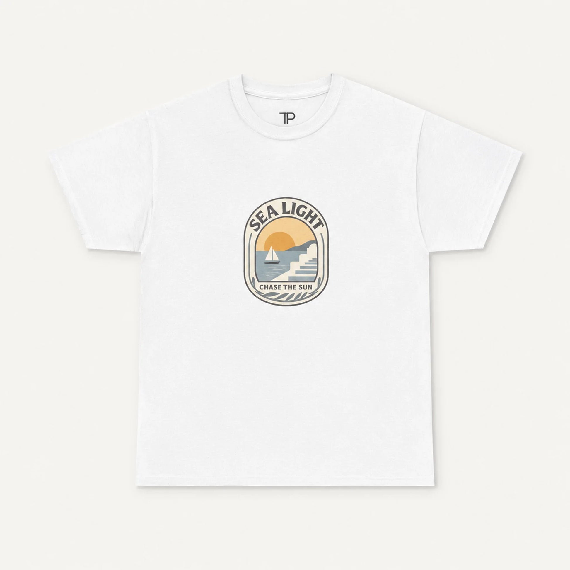 White t-shirt with a 'Sea Light' graphic design on a white background