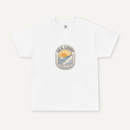 White t-shirt with a 'Sea Light' graphic design on a white background