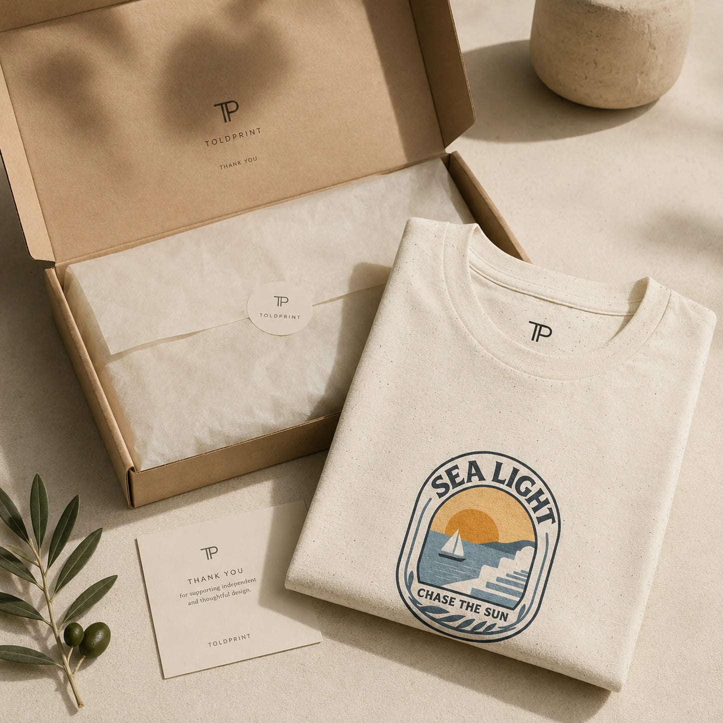 Beige t-shirt with 'Sea Light' design, branded box, and card on a neutral background