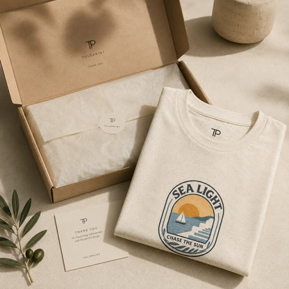 Beige t-shirt with 'Sea Light' design, branded box, and card on a neutral background