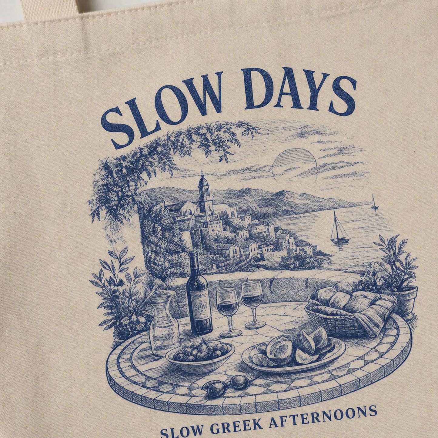 Beige tote bag with blue graphic of a Greek island scene and 'Slow Days' text.